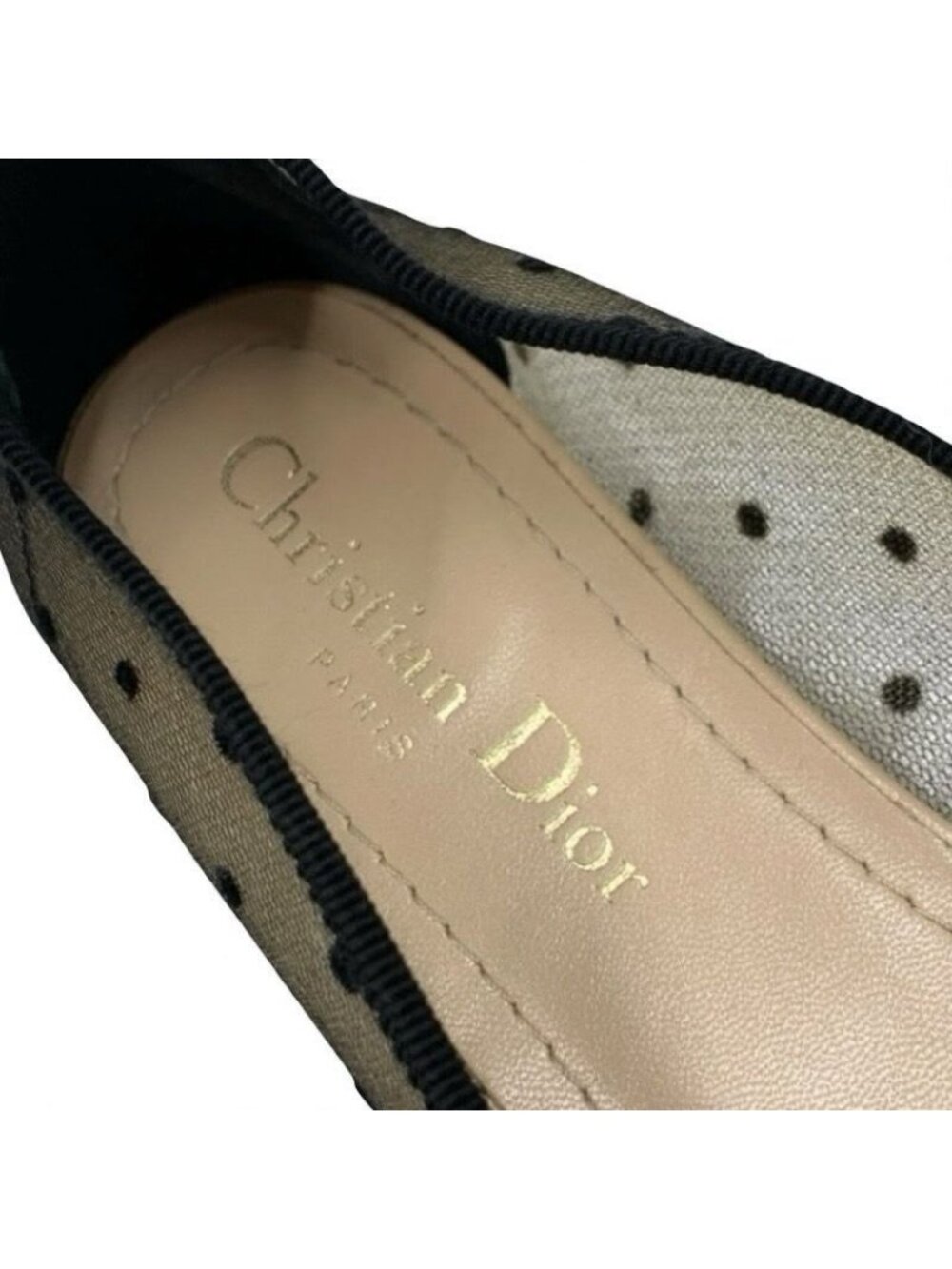 Christian Dior Ja Flat Shoes Mesh Fabric Black Logo Dot Ribbon Rhinestone - Picture 8 of 10